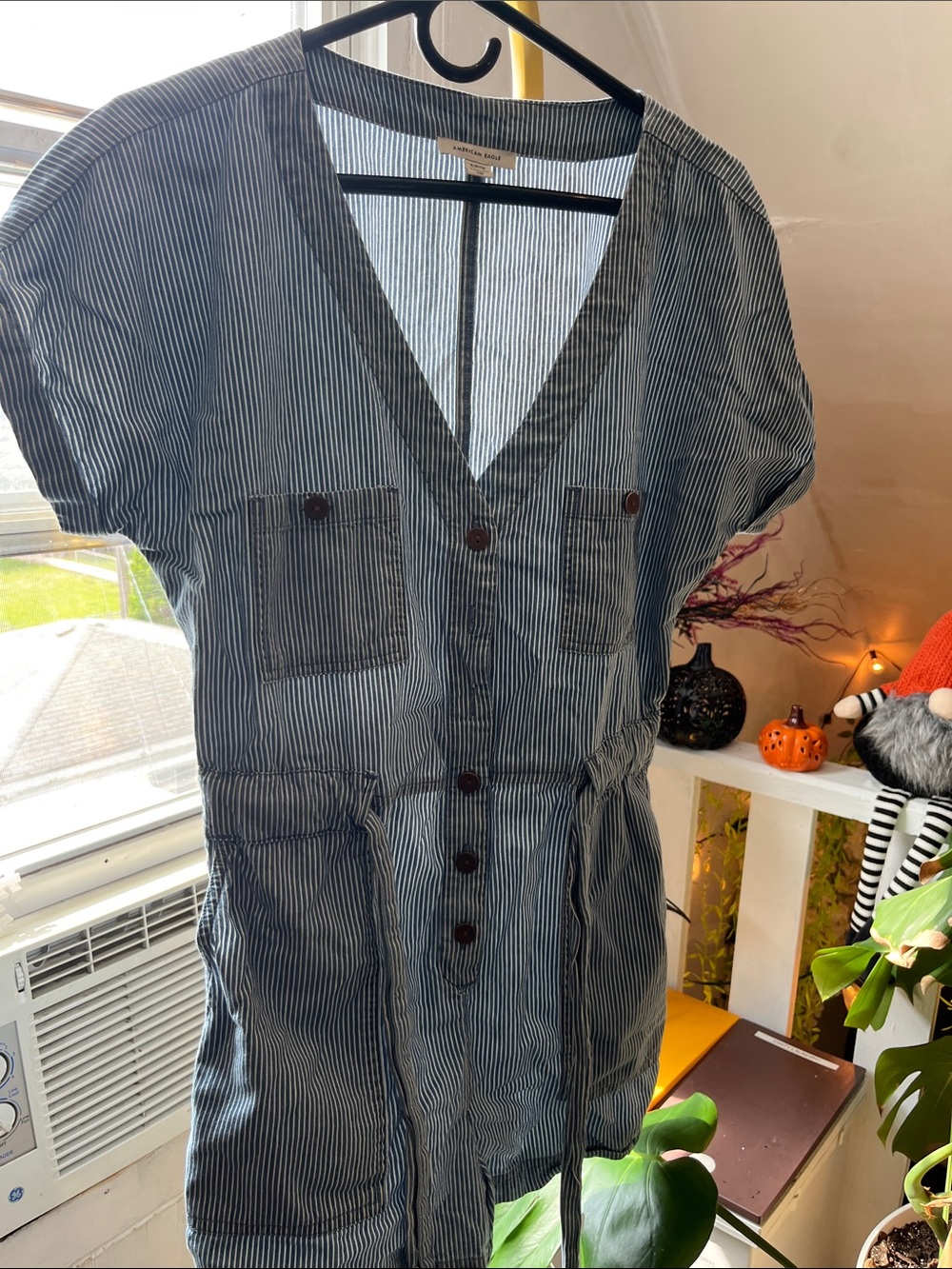 American Eagle Outfitters Blue and White Striped Button-Front Casual Shirt Dress